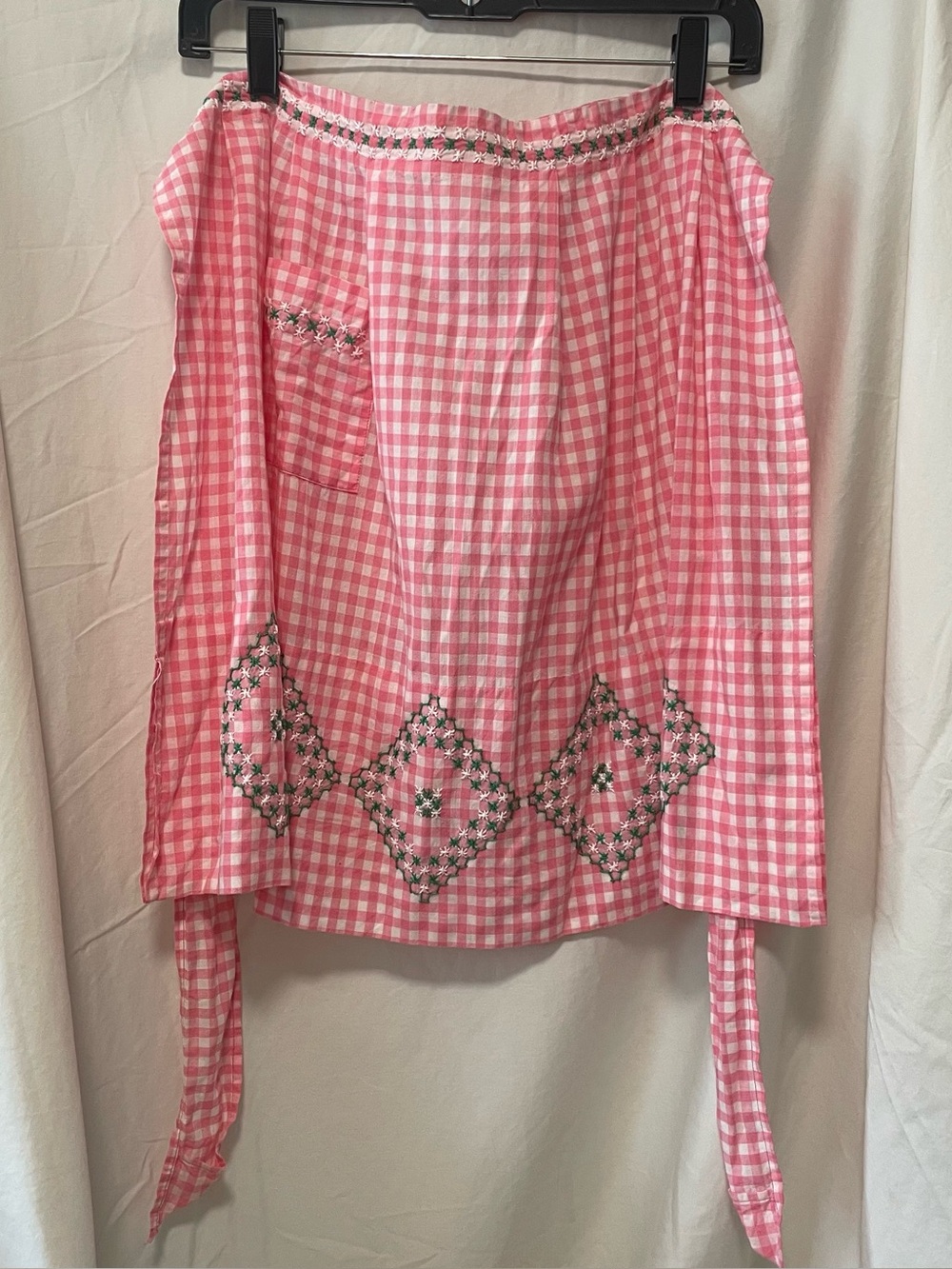 Vintage Pink Gingham Embroidered Apron